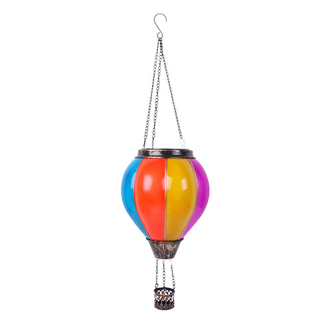 Multicolor Solar Balloon Lantern with metal chains, vibrant blue, red, yellow, and purple sections.