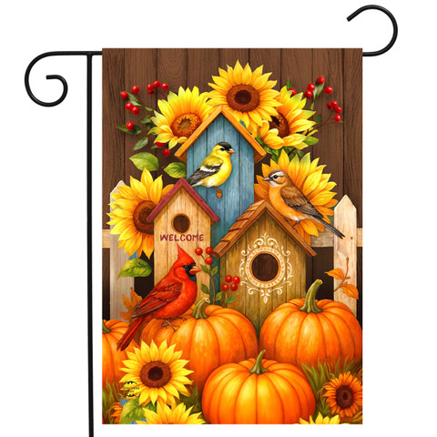 Fall Birdhouse Trio Garden Flag with sunflowers, pumpkins, cardinals, and birdhouses in autumn colors.