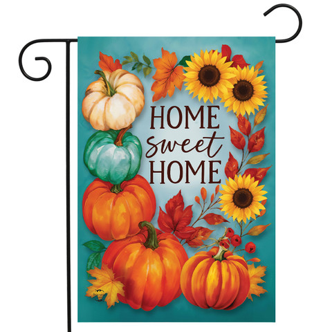 Harvest Home Garden Flag with pumpkins, sunflowers, and fall leaves on teal background with home sweet home text.