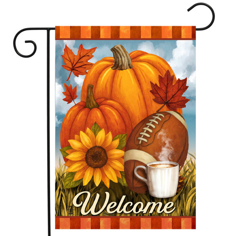 Fall Football Welcome Garden Flag with pumpkins, football, sunflower, and coffee cup on orange background.