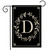 Briarwood Lane black garden flag with elegant gold monogram letter D and leafy wreath design.