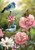 Briarwood Lane In The Garden flag with bluebird, butterfly, and colorful flowers for spring porch decor.