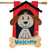 Briarwood Lane welcome doghouse flag with cheerful dog and bone, colorful spring and summer decor.