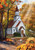 Briarwood Lane Autumn Church house flag with colorful fall scene and cheerful decorations on small flag.