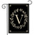 Briarwood Lane black garden flag with elegant gold letter V and floral wreath design.