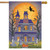 Briarwood Lane Haunted House Party Halloween flag with jack-o-lantern, bats, and spooky skeleton display.