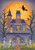 Briarwood Lane Haunted House Party Halloween flag with jack-o-lanterns, bats, and spooky skeleton decorations.