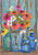 Briarwood Lane spring house flag with colorful flowers and rustic jars on a wooden background.
