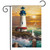 Briarwood Lane Sunset Lighthouse garden flag with seagulls, sun, and ocean waves on sand shore.