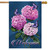 Briarwood Lane spring house flag with colorful hydrangeas, butterflies, and welcome text for porch display.