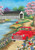Briarwood Lane spring garden flag with colorful springtime scene and red truck by a covered bridge.
