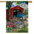 Briarwood Lane spring house flag with colorful covered bridge, truck, and vibrant springtime flower display.