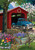 Briarwood Lane spring house flag with colorful covered bridge and vibrant springtime flowers design.