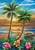 Briarwood Lane small printed garden flag with colorful beach scene and palm trees at sunset.