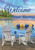 Briarwood Lane Waterfront Retreat flag with lake dock scene and welcome message in cheery colors.