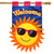 Briarwood Lane summer house flag with smiling sun wearing sunglasses and Welcome text on blue background.