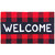 Red checkered welcome doormat with white text on black background, natural fiber coir, 18 x 30 inches.