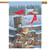 Briarwood Lane Birds of Winter Cardinals House Flag with red barn, fence, and winter birds.