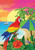 Briarwood Lane Paradise Parrot perched on tropical beach with sailboat, palm trees, and sunset shore.