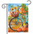 Briarwood Lane autumn garden flag with bicycle, sunflowers, pumpkins, and happy chickadee birds design.