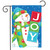 Briarwood Lane Snowman Joy garden flag with colorful polka dots, hat, and scarf on blue background.
