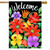 Briarwood Lane Whimsy Flowers Spring House Flag with colorful blooms and Welcome text on black background.
