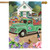 Briarwood Lane Flower Farm Spring House Flag with green truck and colorful flowers design.