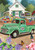 Briarwood Lane Flower Farm Spring House Flag with green truck, colorful flowers, and white house.