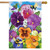 Briarwood Lane Pansies Seasonal House Flag with colorful flowers and insects on a blue background.