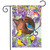 Briarwood Lane spring garden flag with colorful birds, teapot birdhouse, and purple flowers on display.