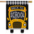 Briarwood Lane Back to School burlap house flag with colorful school bus design on black background.