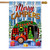 Briarwood Lane Merry Campers Christmas House Flag, colorful camper with holiday decor and presents outdoors.
