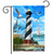 Briarwood Lane Hatteras Lighthouse garden flag with nautical shoreline scene and sailboat under blue sky.