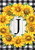 Briarwood Lane Sunflowers Monogram J Garden Flag with bright yellow sunflowers and monogrammed letter on wood.