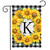 Briarwood Lane Sunflowers Monogram K garden flag, colorful floral wreath on black and white checkered background.