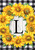 Briarwood Lane Sunflowers Monogram L Garden Flag with bright yellow sunflowers and monogrammed letter on wood.