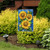 Briarwood Lane blue plaid garden flag with bright sunflowers and butterflies, colorful spring and summer decor.