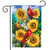 Briarwood Lane garden flag with cardinals, sunflowers, and butterflies on a picket fence background.