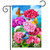 Briarwood Lane garden flag with pink geraniums, blue jay, butterflies, and colorful spring flowers.