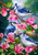 Briarwood Lane Blue Jay Trio Spring Garden Flag with pink flowers and blue birds outdoor display.