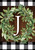 Briarwood Lane Wreath Monogram J on gingham background with greenery and colorful decorative elements.