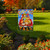 Briarwood Lane Fall Bounty Pickup Garden Flag with scarecrow, pumpkins, and sunflowers on red truck.