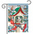 Briarwood Lane Snowy Birdhouse Garden Flag with cardinals and snow-covered pine trees on white background.