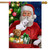 Briarwood Lane Santa's Delivery House Flag with Santa, presents, and teddy bear near Christmas tree.