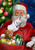 Briarwood Lane Santa's Delivery House Flag with Santa, teddy bear, and gifts beside Christmas tree.
