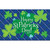 Green heart with shamrocks and Happy St. Patrick's Day text on blue plaid background design.