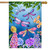 Briarwood Lane Dragonflies House Flag with colorful dragonflies and flowers on blue background with green leaves.