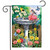 Briarwood Lane Birdbath in Bloom Garden Flag with colorful flowers, birds, and butterflies on fence background.