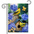 Briarwood Lane Goldfinches and Hydrangea garden flag with yellow birds, blue hydrangeas, and a birdhouse.