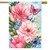 Briarwood Lane Pink Peonies house flag with butterflies and flowers on a blue background.